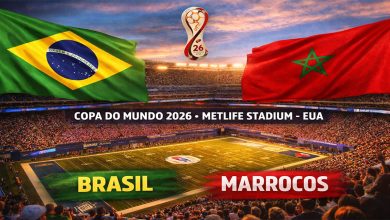 Estádio MetLife Stadium lotado com bandeiras de Brasil e Marrocos durante a Copa do Mundo 2026