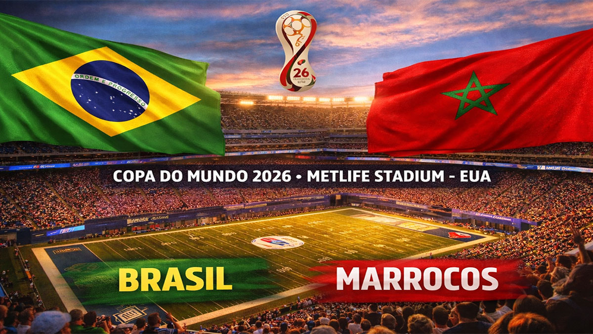Estádio MetLife Stadium lotado com bandeiras de Brasil e Marrocos durante a Copa do Mundo 2026