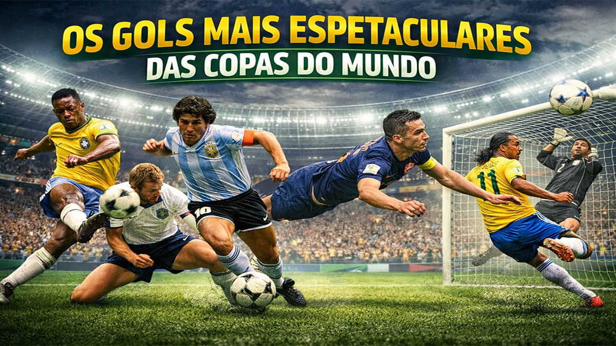 Silhueta de jogador cobrando falta com bola encobrindo a barreira em estádio iluminado representando gols históricos das Copas do Mundo