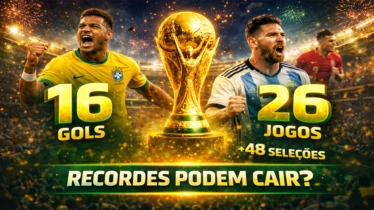 Recordes da Copa do Mundo 2026 com taça em destaque e números como 16 gols, 26 jogos e 48 seleções representando possíveis quebras de marcas