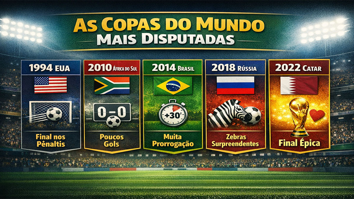 Comparativo das Copas do Mundo mais disputadas da história com destaque para 1994, 2010, 2014, 2018 e 2022