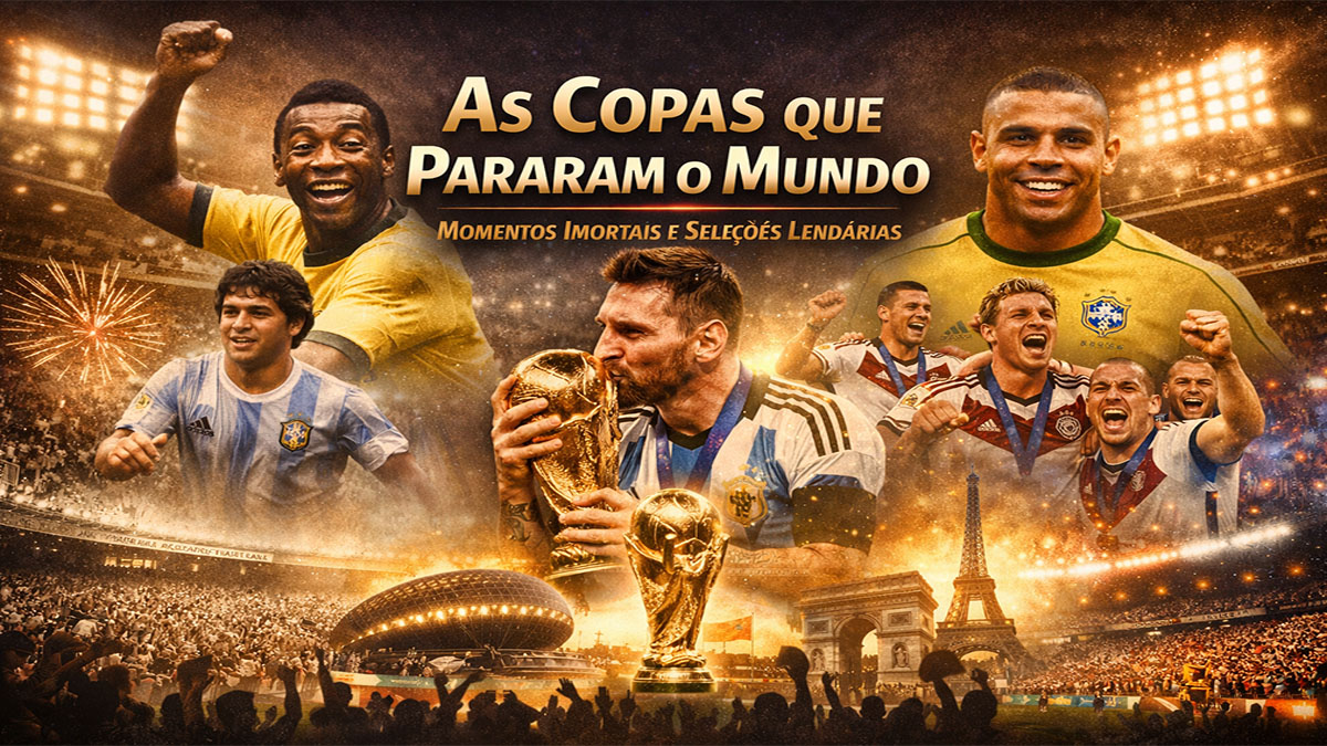 Momentos históricos da Copa do Mundo com Pelé, Maradona, Messi e seleções campeãs em destaque
