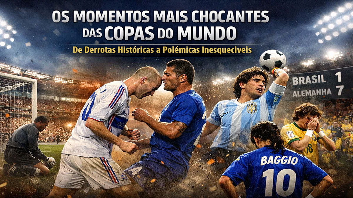 Imagem com momentos chocantes da Copa do Mundo incluindo Zidane na final de 2006, Maradona na Mão de Deus e a derrota do Brasil por 7 a 1