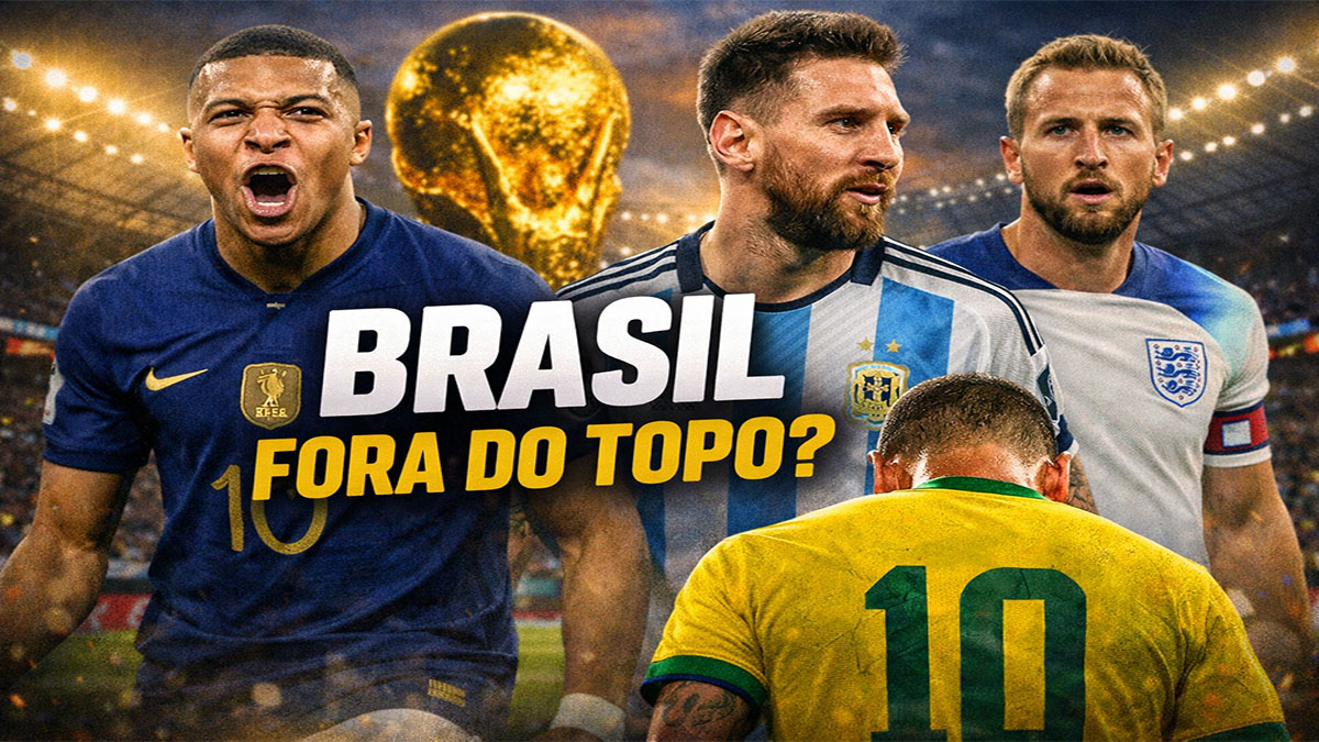 Imagem ilustrativa comparando seleções favoritas da Copa do Mundo 2026 com destaque para o Brasil fora do topo do ranking