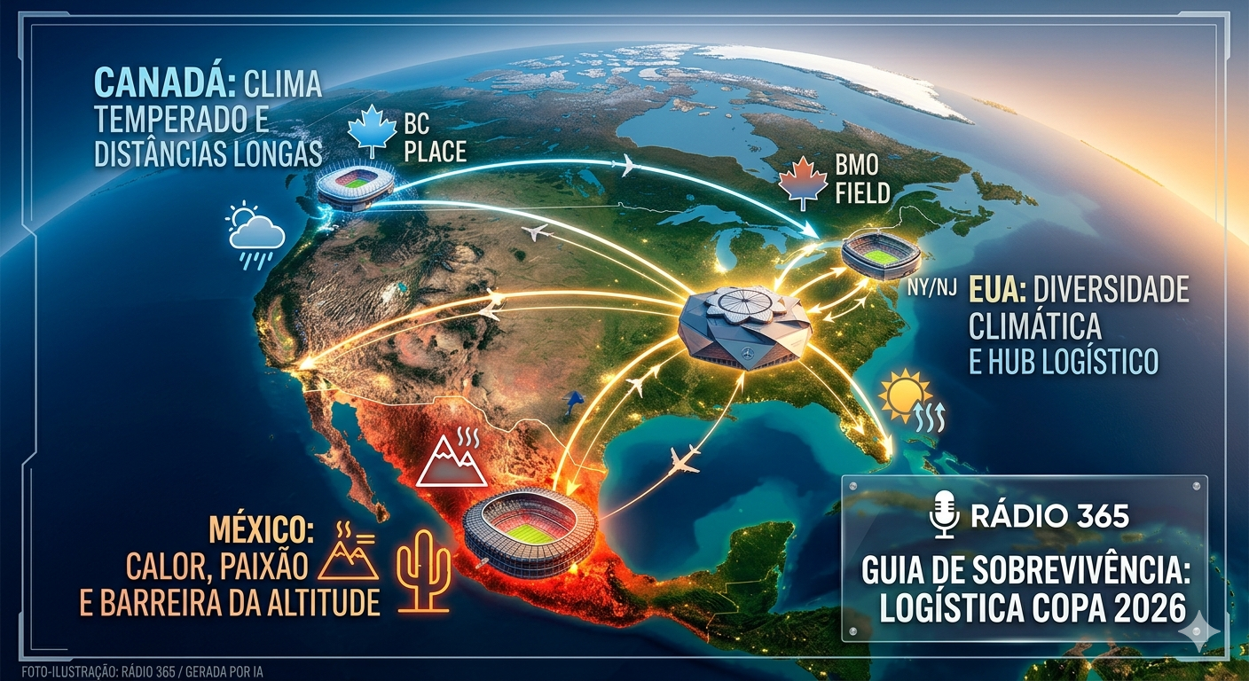 Mapa-Ilustração da América do Norte destacando hubs logísticos em Vancouver, Miami e Cidade do México. Ícones de folha de bordo, sol úmido e altitude marcam os climas de Canadá, EUA e México. No canto inferior direito, o logo da Rádio 365. Imagem de caráter ilustrativo gerada por inteligência artificial.