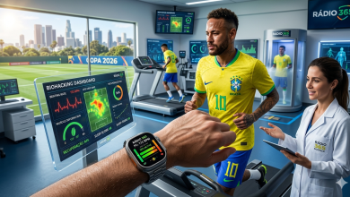 ogador da Seleção em laboratório de alta tecnologia com sensores biométricos. Imagem gerada por inteligência artificial para a Rádio 365.