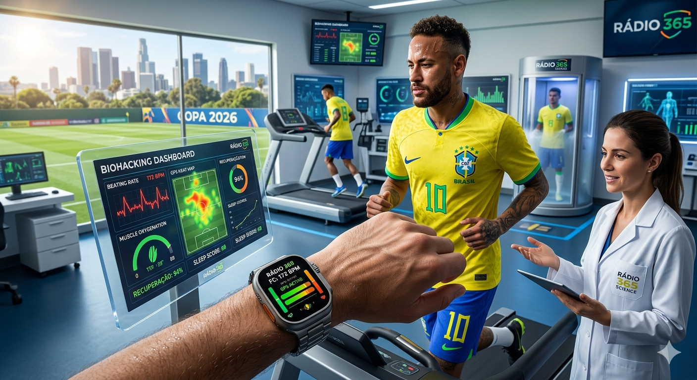 ogador da Seleção em laboratório de alta tecnologia com sensores biométricos. Imagem gerada por inteligência artificial para a Rádio 365.