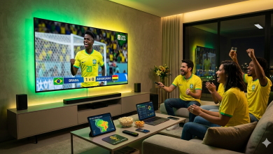 Sala moderna com torcedores brasileiros, TV OLED gigante exibindo jogo da Copa 2026 e iluminação inteligente verde e amarela. Logo da Rádio 365 visível no tablet.