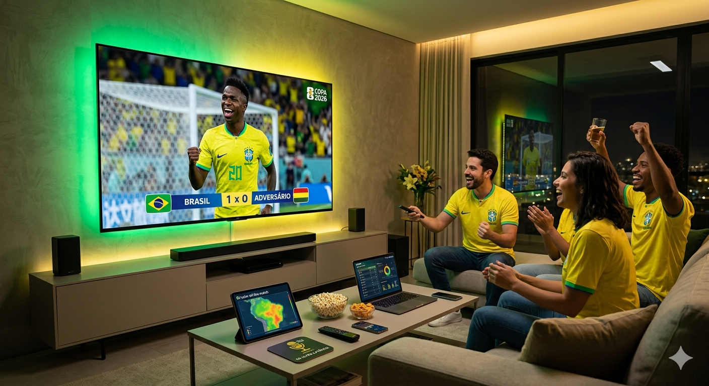 Sala moderna com torcedores brasileiros, TV OLED gigante exibindo jogo da Copa 2026 e iluminação inteligente verde e amarela. Logo da Rádio 365 visível no tablet.
