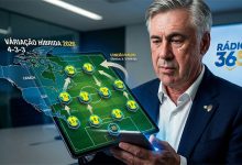 Close-up de Carlo Ancelotti com expressão serena, segurando uma prancheta digital holográfica que projeta um tabuleiro de xadrez sobre o mapa da América do Norte. As peças da Seleção Brasileira (Copa 2026) estão organizadas taticamente, com setas destacando a 'Conexão Madrid' (Vini Jr. e Rodrygo) e o 'Falso 5' (Casemiro). No fundo desfocado, um monitor com o logo nítido da Rádio 365 em azul e amarelo.