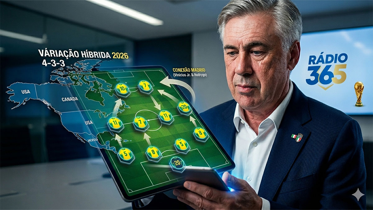 Close-up de Carlo Ancelotti com expressão serena, segurando uma prancheta digital holográfica que projeta um tabuleiro de xadrez sobre o mapa da América do Norte. As peças da Seleção Brasileira (Copa 2026) estão organizadas taticamente, com setas destacando a 'Conexão Madrid' (Vini Jr. e Rodrygo) e o 'Falso 5' (Casemiro). No fundo desfocado, um monitor com o logo nítido da Rádio 365 em azul e amarelo.