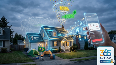 Uma composição visual que divide a realidade e o digital: uma casa de subúrbio típica da América do Norte com elementos holográficos de aplicativos de aluguel exibindo preços elevados e uma seta de alta de +400%. No jardim, torcedores brasileiros montam uma "República do Hexa" com barracas e bandeiras para economizar. O logo da Rádio 365 Economia aparece em destaque em um painel digital no canto inferior.