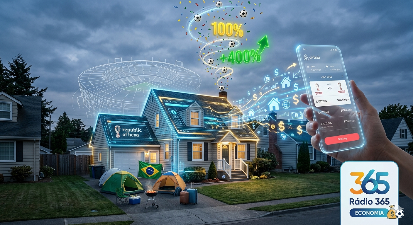 Uma composição visual que divide a realidade e o digital: uma casa de subúrbio típica da América do Norte com elementos holográficos de aplicativos de aluguel exibindo preços elevados e uma seta de alta de +400%. No jardim, torcedores brasileiros montam uma "República do Hexa" com barracas e bandeiras para economizar. O logo da Rádio 365 Economia aparece em destaque em um painel digital no canto inferior.