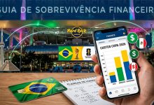 Mão segurando smartphone com gráfico de custos subindo e ícones de dólar e moedas flutuando, com o Hard Rock Stadium de Miami iluminado ao fundo projetando a bandeira do Brasil. No topo, o texto em português 'GUIA DE SOBREVIVÊNCIA FINANCEIRA".