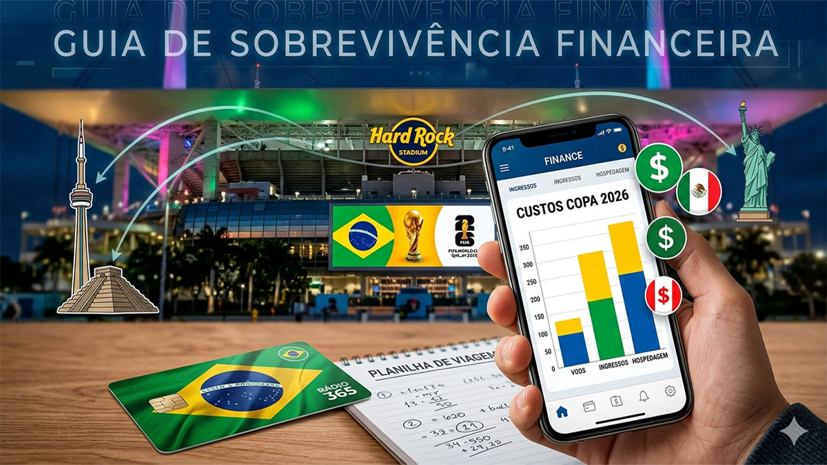 Mão segurando smartphone com gráfico de custos subindo e ícones de dólar e moedas flutuando, com o Hard Rock Stadium de Miami iluminado ao fundo projetando a bandeira do Brasil. No topo, o texto em português 'GUIA DE SOBREVIVÊNCIA FINANCEIRA".