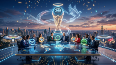 Uma imagem conceitual que mostra representantes diplomáticos de terno sentados em uma mesa de negociações de alta tecnologia, trocando tokens digitais que representam acordos comerciais e sustentabilidade. No fundo, as paisagens urbanas e os estádios da Copa 2026 nos EUA, México e Canadá se fundem. No topo, feixes de luz formam o troféu da FIFA e uma pomba da paz, com o logo da Rádio 365 Internacional integrado.