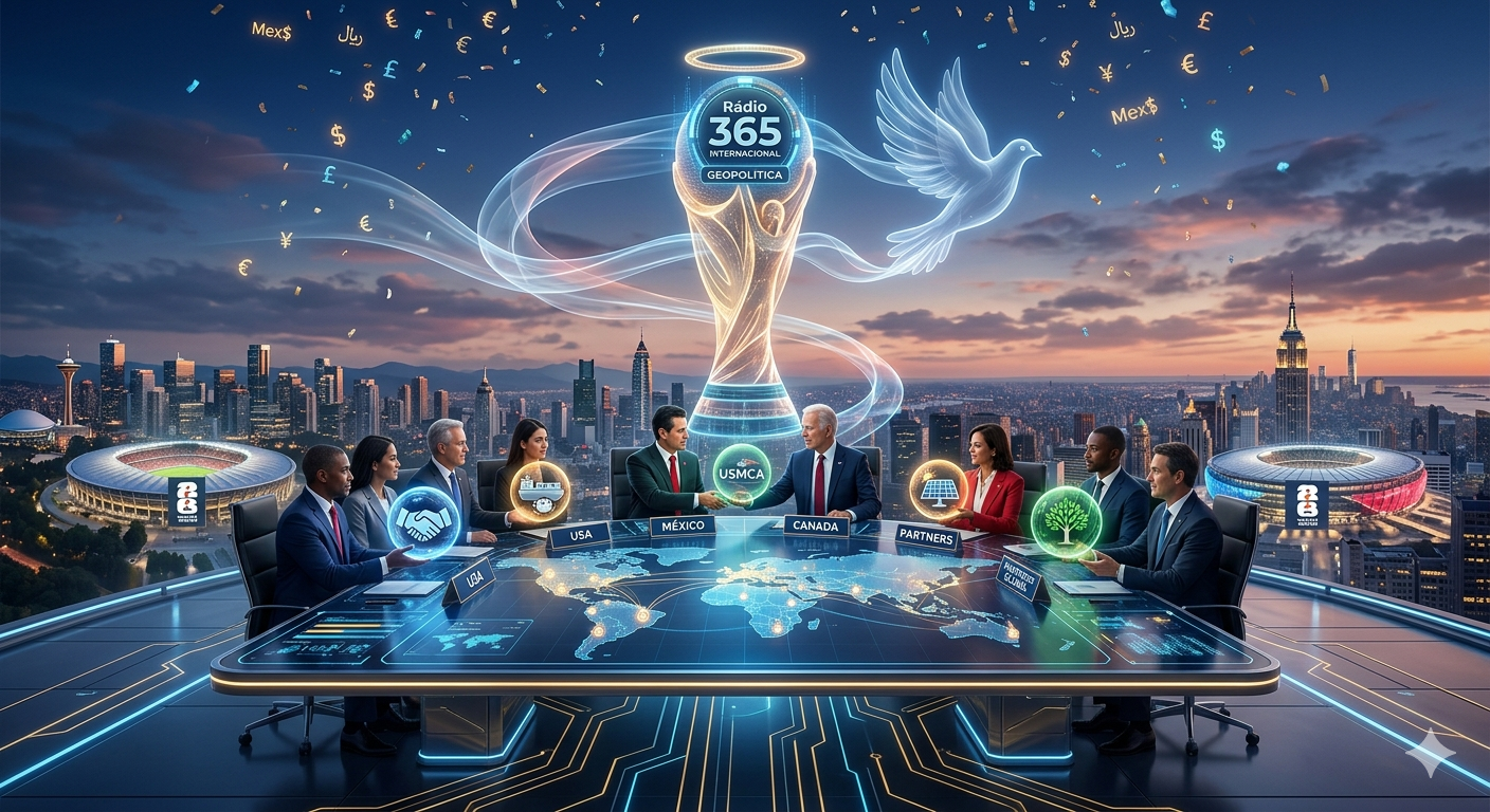 Uma imagem conceitual que mostra representantes diplomáticos de terno sentados em uma mesa de negociações de alta tecnologia, trocando tokens digitais que representam acordos comerciais e sustentabilidade. No fundo, as paisagens urbanas e os estádios da Copa 2026 nos EUA, México e Canadá se fundem. No topo, feixes de luz formam o troféu da FIFA e uma pomba da paz, com o logo da Rádio 365 Internacional integrado.
