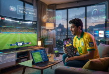 Uma imagem conceitual que mostra uma pessoa em uma sala de estar moderna cercada por múltiplas telas brilhantes. A TV principal exibe um jogo da Copa, enquanto um tablet mostra estatísticas táticas e dois smartphones exibem transmissões de influenciadores diferentes. Feixes de luz holográficos com logotipos de serviços de streaming e etiquetas de preço flutuam no ar, simbolizando a fragmentação do consumo.
