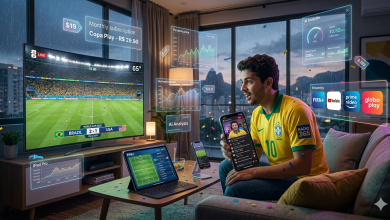 Uma imagem conceitual que mostra uma pessoa em uma sala de estar moderna cercada por múltiplas telas brilhantes. A TV principal exibe um jogo da Copa, enquanto um tablet mostra estatísticas táticas e dois smartphones exibem transmissões de influenciadores diferentes. Feixes de luz holográficos com logotipos de serviços de streaming e etiquetas de preço flutuam no ar, simbolizando a fragmentação do consumo.