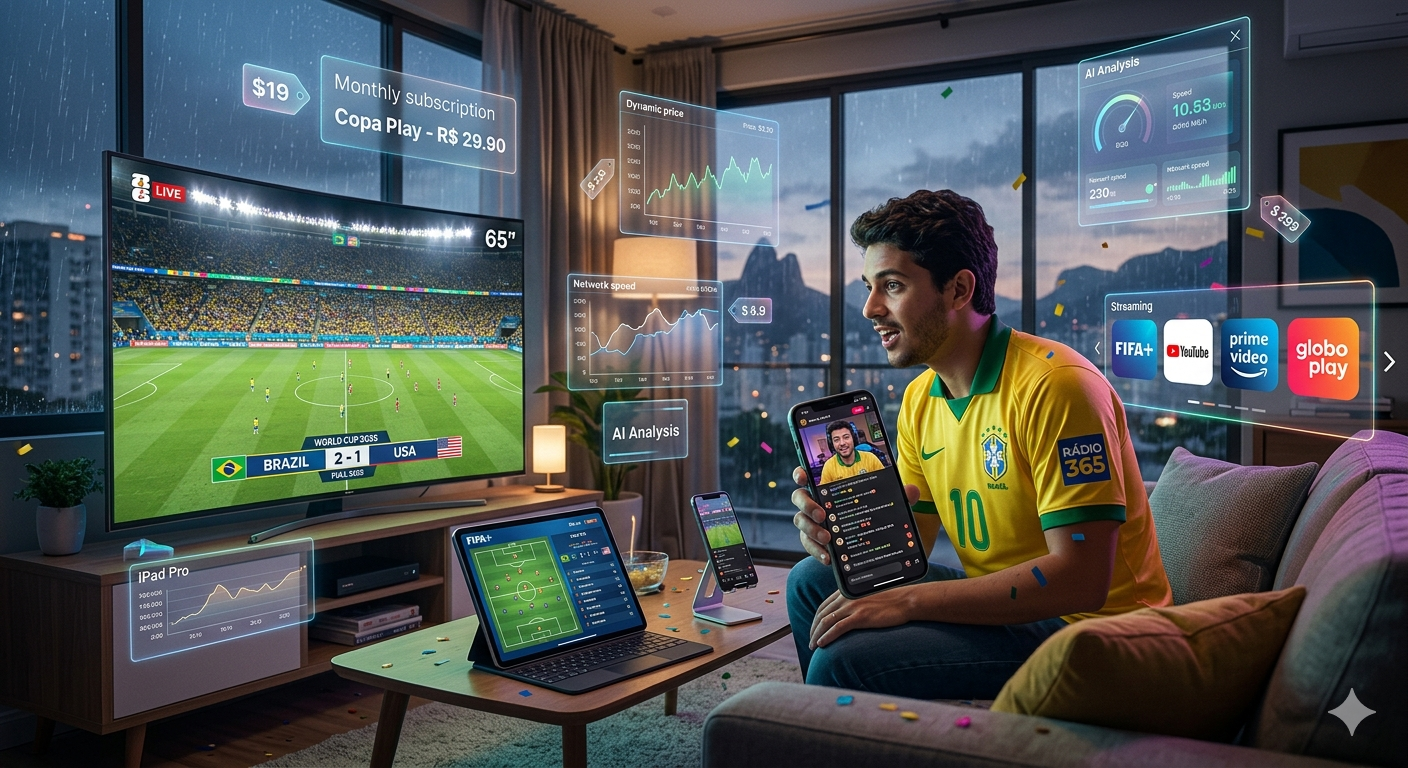Uma imagem conceitual que mostra uma pessoa em uma sala de estar moderna cercada por múltiplas telas brilhantes. A TV principal exibe um jogo da Copa, enquanto um tablet mostra estatísticas táticas e dois smartphones exibem transmissões de influenciadores diferentes. Feixes de luz holográficos com logotipos de serviços de streaming e etiquetas de preço flutuam no ar, simbolizando a fragmentação do consumo.