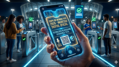 Um smartphone exibindo um ingresso digital holográfico da Copa 2026 com elementos de segurança brilhantes e o logo da Rádio 365. Ao fundo, a entrada de um estádio futurista com luzes de escaneamento biométrico.