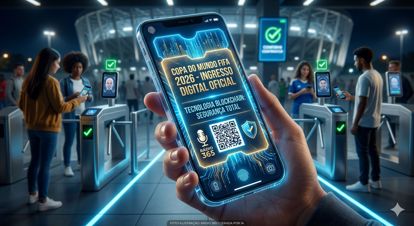 Um smartphone exibindo um ingresso digital holográfico da Copa 2026 com elementos de segurança brilhantes e o logo da Rádio 365. Ao fundo, a entrada de um estádio futurista com luzes de escaneamento biométrico.