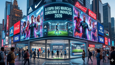 Uma vitrine futurista em uma avenida movimentada, exibindo uniformes tecnológicos da Seleção Brasileira e banners de grandes marcas globais como Adidas e Coca-Cola. O logo da Rádio 365 aparece refletido no vidro. Imagem de caráter ilustrativo gerada por inteligência artificial para a Rádio 365.