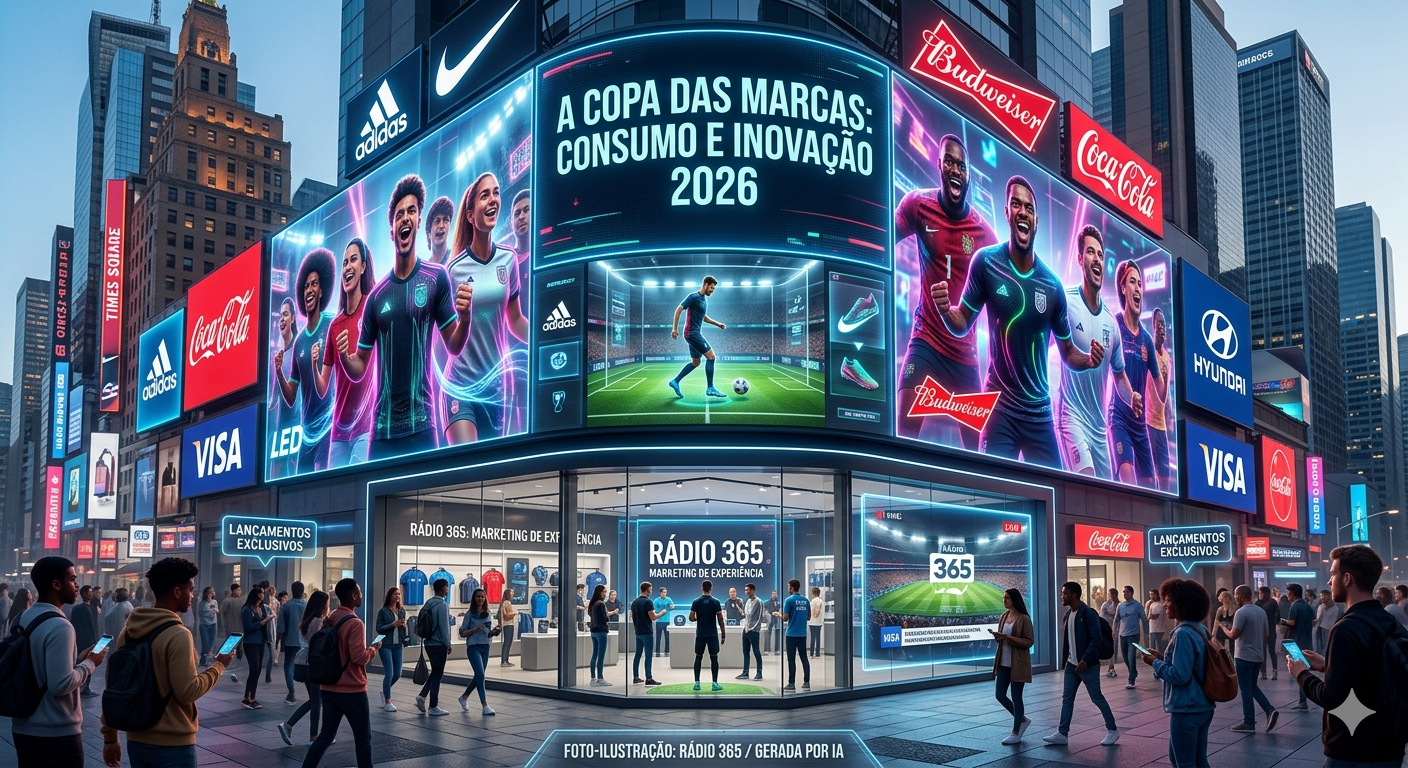 Uma vitrine futurista em uma avenida movimentada, exibindo uniformes tecnológicos da Seleção Brasileira e banners de grandes marcas globais como Adidas e Coca-Cola. O logo da Rádio 365 aparece refletido no vidro. Imagem de caráter ilustrativo gerada por inteligência artificial para a Rádio 365.