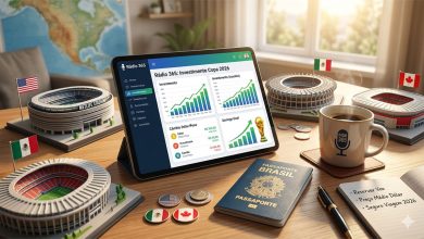 Mesa de madeira organizada sob luz solar matutina. Um tablet central exibe gráficos de investimentos e o logo da Rádio 365. Ao redor, estão um passaporte brasileiro, miniaturas detalhadas de estádios de futebol (incluindo o MetLife Stadium), moedas, uma caneta e uma xícara de café com o logo da marca. Um caderno aberto mostra anotações de planejamento como 'Seguro Viagem 2026'.