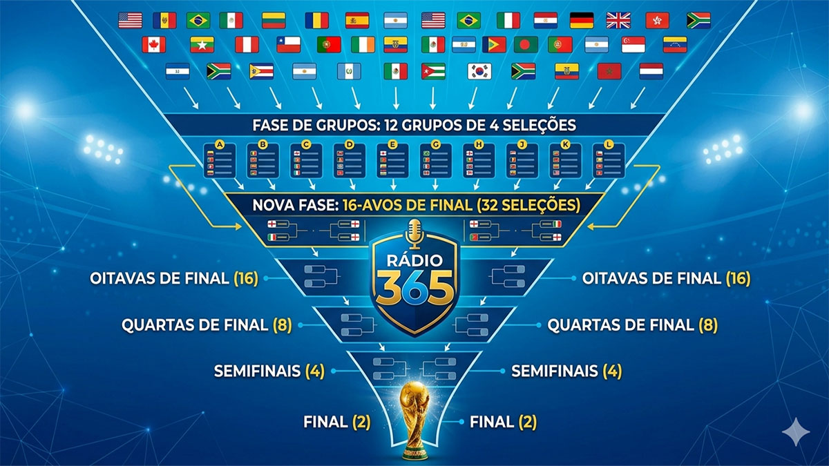 Infográfico moderno e colorido em formato de funil detalhando a estrutura da Copa 2026. No topo, 48 bandeiras de nações fluem para 12 grupos de 4 seleções. Abaixo, uma faixa amarela destaca a "NOVA FASE: 16-AVOS DE FINAL (32 SELEÇÕES)". O funil continua a afunilar através das Oitavas (16), Quartas (8), Semifinais (4) e Final (2), com o Troféu da Copa do Mundo na base. No centro de todo o gráfico, está o logo da RÁDIO 365.