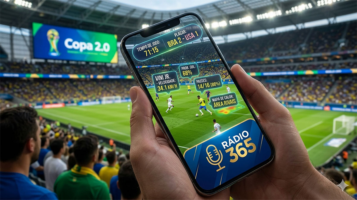 Mãos segurando um smartphone moderno em um estádio lotado. A tela do celular exibe uma interface de Realidade Aumentada com estatísticas de jogo (velocidade do jogador, mapa de calor e probabilidade de gol) sobrepostas ao gramado da Copa 2026. No canto inferior da tela do celular, o logo da Rádio 365 está nítido e em destaque.