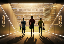 Uma foto-ilustração cinematográfica e nostálgica de um túnel de acesso ao gramado de um estádio da Copa 2026. Três silhuetas de jogadores icônicos (Messi com a camisa 10 da Argentina, Cristiano Ronaldo com a 7 de Portugal e Neymar com a 10 do Brasil) caminham de costas em direção à luz dourada do sol da tarde que banha o campo. Eles seguram suas chuteiras nas mãos. Um feixe de luz holográfico flutua no ar, exibindo a lista "A ÚLTIMA DANÇA: 15 LENDAS" com nomes como Modrić, De Bruyne e Lewandowski, junto com o logo da Rádio 365. A atmosfera é silenciosa, respeitosa e de adeus.