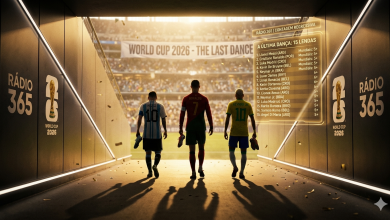 Uma foto-ilustração cinematográfica e nostálgica de um túnel de acesso ao gramado de um estádio da Copa 2026. Três silhuetas de jogadores icônicos (Messi com a camisa 10 da Argentina, Cristiano Ronaldo com a 7 de Portugal e Neymar com a 10 do Brasil) caminham de costas em direção à luz dourada do sol da tarde que banha o campo. Eles seguram suas chuteiras nas mãos. Um feixe de luz holográfico flutua no ar, exibindo a lista "A ÚLTIMA DANÇA: 15 LENDAS" com nomes como Modrić, De Bruyne e Lewandowski, junto com o logo da Rádio 365. A atmosfera é silenciosa, respeitosa e de adeus.