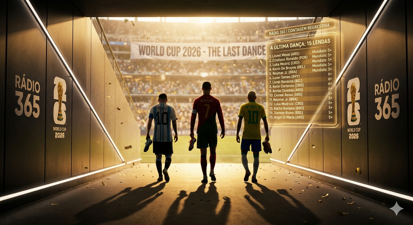Uma foto-ilustração cinematográfica e nostálgica de um túnel de acesso ao gramado de um estádio da Copa 2026. Três silhuetas de jogadores icônicos (Messi com a camisa 10 da Argentina, Cristiano Ronaldo com a 7 de Portugal e Neymar com a 10 do Brasil) caminham de costas em direção à luz dourada do sol da tarde que banha o campo. Eles seguram suas chuteiras nas mãos. Um feixe de luz holográfico flutua no ar, exibindo a lista "A ÚLTIMA DANÇA: 15 LENDAS" com nomes como Modrić, De Bruyne e Lewandowski, junto com o logo da Rádio 365. A atmosfera é silenciosa, respeitosa e de adeus.