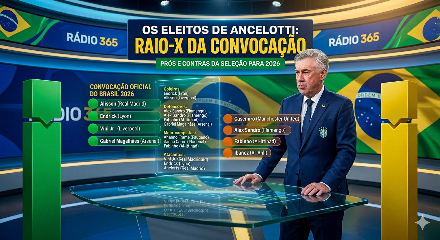 Infográfico jornalístico em um estúdio de TV moderno da Rádio 365. No centro, o técnico Carlo Ancelotti aparece vestindo o terno azul oficial da Seleção Brasileira ao lado de uma mesa tática de vidro. Telas digitais flutuantes exibem a "Convocação Oficial do Brasil 2026", listando os jogadores divididos por suas respectivas posições (Goleiros, Defensores, Meio-campistas e Atacantes). O estúdio é decorado com painéis iluminados nas cores azul e dourado, bandeiras do Brasil estilizadas nas laterais e o logotipo da Rádio 365 visível nas telas de fundo. No topo, há um grande letreiro com o título "OS ELEITOS DE ANCELOTTI: RAIO-X DA CONVOCAÇÃO".