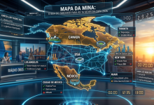 Uma foto-ilustração cinematográfica de uma central de controle tecnológica onde um mapa holográfico flutuante e detalhado da América do Norte (Canadá, EUA e México) é exibido sob luzes douradas e azuis. O mapa exibe ícones estilizados dos estádios icônicos e informações de dados sobre as 16 sedes da Copa 2026. Painéis flutuantes detalham pontos positivos e negativos: para Cidade do México (História/Altitude), Nova York (Final/Custo $$$), Miami (Comunidade Latina/Calor), e Los Angeles (Modernidade/Distâncias). Um "CHECK-LIST RÁDIO 365" flutua ao lado, citando Vistos, Conectividade e Logística. O ambiente é futurista e funcional, focado na experiência de planejamento do torcedor, com o logo da Rádio 365 integrado.