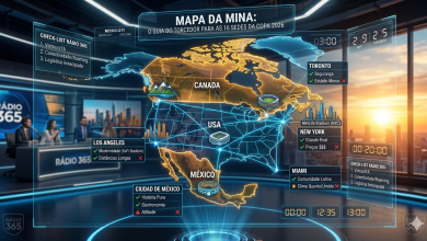 Uma foto-ilustração cinematográfica de uma central de controle tecnológica onde um mapa holográfico flutuante e detalhado da América do Norte (Canadá, EUA e México) é exibido sob luzes douradas e azuis. O mapa exibe ícones estilizados dos estádios icônicos e informações de dados sobre as 16 sedes da Copa 2026. Painéis flutuantes detalham pontos positivos e negativos: para Cidade do México (História/Altitude), Nova York (Final/Custo $$$), Miami (Comunidade Latina/Calor), e Los Angeles (Modernidade/Distâncias). Um "CHECK-LIST RÁDIO 365" flutua ao lado, citando Vistos, Conectividade e Logística. O ambiente é futurista e funcional, focado na experiência de planejamento do torcedor, com o logo da Rádio 365 integrado.
