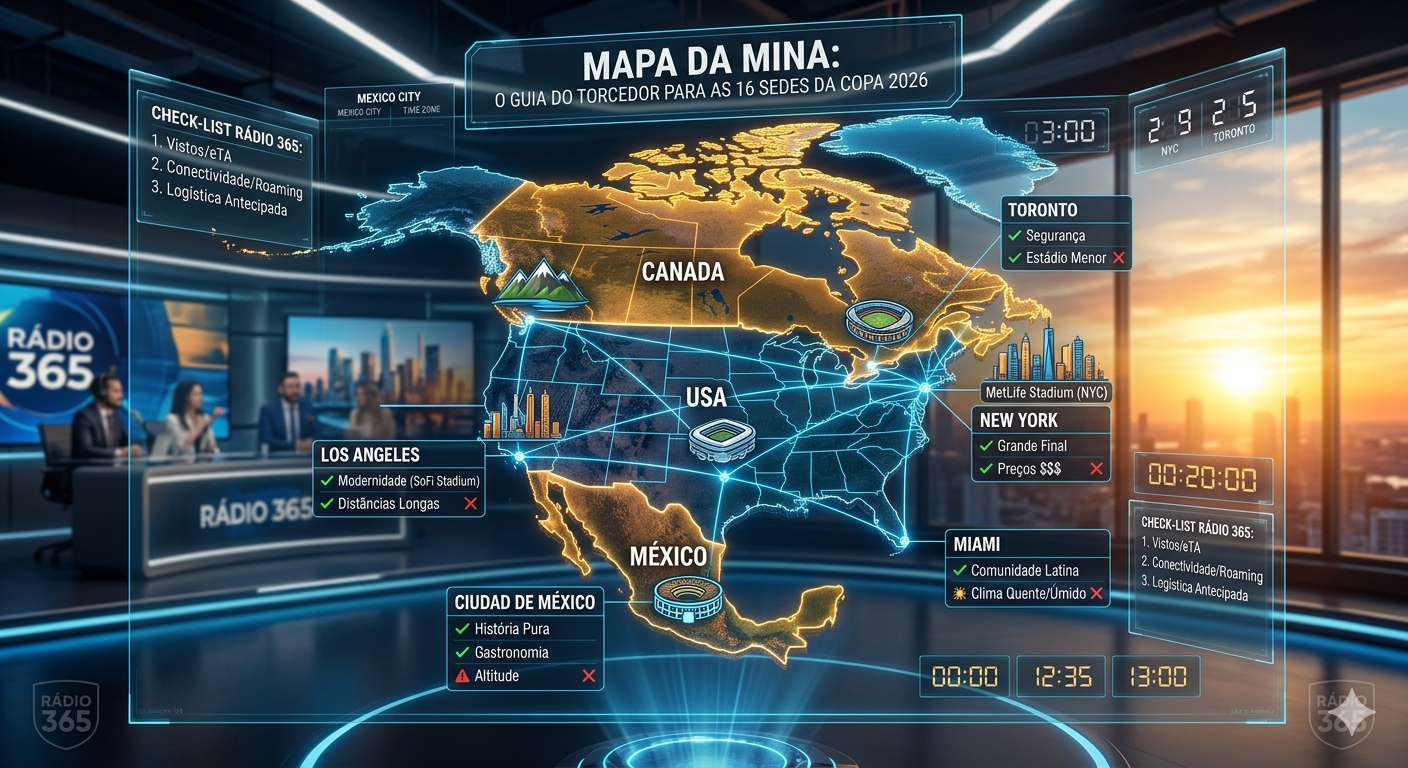 Uma foto-ilustração cinematográfica de uma central de controle tecnológica onde um mapa holográfico flutuante e detalhado da América do Norte (Canadá, EUA e México) é exibido sob luzes douradas e azuis. O mapa exibe ícones estilizados dos estádios icônicos e informações de dados sobre as 16 sedes da Copa 2026. Painéis flutuantes detalham pontos positivos e negativos: para Cidade do México (História/Altitude), Nova York (Final/Custo $$$), Miami (Comunidade Latina/Calor), e Los Angeles (Modernidade/Distâncias). Um "CHECK-LIST RÁDIO 365" flutua ao lado, citando Vistos, Conectividade e Logística. O ambiente é futurista e funcional, focado na experiência de planejamento do torcedor, com o logo da Rádio 365 integrado.