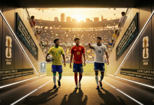Uma foto cinematográfica de três jovens jogadores (Lamine Yamal com a 19 da Espanha, Endrick com a 9 do Brasil e Jude Bellingham com a 10 da Inglaterra) caminhando com confiança em direção ao espectador. Eles estão no mesmo túnel moderno de acesso da imagem anterior, mas agora em direção oposta, saindo de um estádio da Copa 2026 banhado pela luz dourada do nascer do sol, simbolizando o início de uma nova era. Um painel holográfico flutua no ar, exibindo a lista "HERDEIROS DO TRONO: 10 JOVENS TALENTOS" com nomes como Musiala, Endrick e Bellingham, junto com o logo da Rádio 365. A atmosfera é cheia de otimismo, energia e celebração.