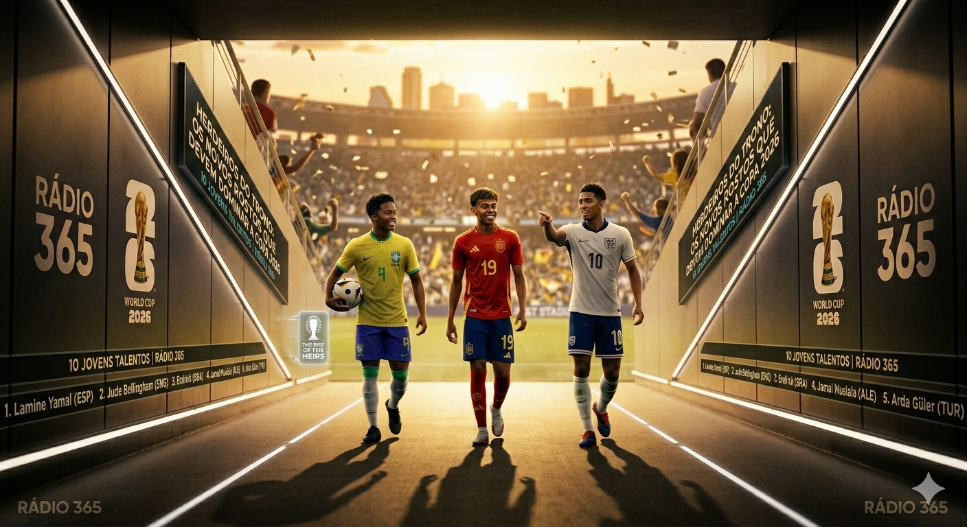 Uma foto cinematográfica de três jovens jogadores (Lamine Yamal com a 19 da Espanha, Endrick com a 9 do Brasil e Jude Bellingham com a 10 da Inglaterra) caminhando com confiança em direção ao espectador. Eles estão no mesmo túnel moderno de acesso da imagem anterior, mas agora em direção oposta, saindo de um estádio da Copa 2026 banhado pela luz dourada do nascer do sol, simbolizando o início de uma nova era. Um painel holográfico flutua no ar, exibindo a lista "HERDEIROS DO TRONO: 10 JOVENS TALENTOS" com nomes como Musiala, Endrick e Bellingham, junto com o logo da Rádio 365. A atmosfera é cheia de otimismo, energia e celebração.