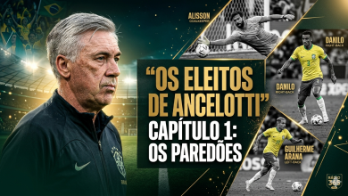Arte gráfica horizontal para o portal Rádio 365. Do lado esquerdo, em destaque e colorido, o técnico Carlo Ancelotti veste o uniforme preto da Seleção Brasileira com o escudo da CBF, olhando compenetrado para a direita em um estádio lotado. No centro, o título em letras garrafais douradas e brancas diz: “Os Eleitos de Ancelotti” Capítulo 1: Os Paredões. Do lado direito, recortes diagonais em preto e branco exibem fotos de ação dos jogadores Alisson (fazendo uma defesa), Danilo e Guilherme Arana (conduzindo a bola). No canto inferior direito, há o logotipo discreto da Rádio 365.