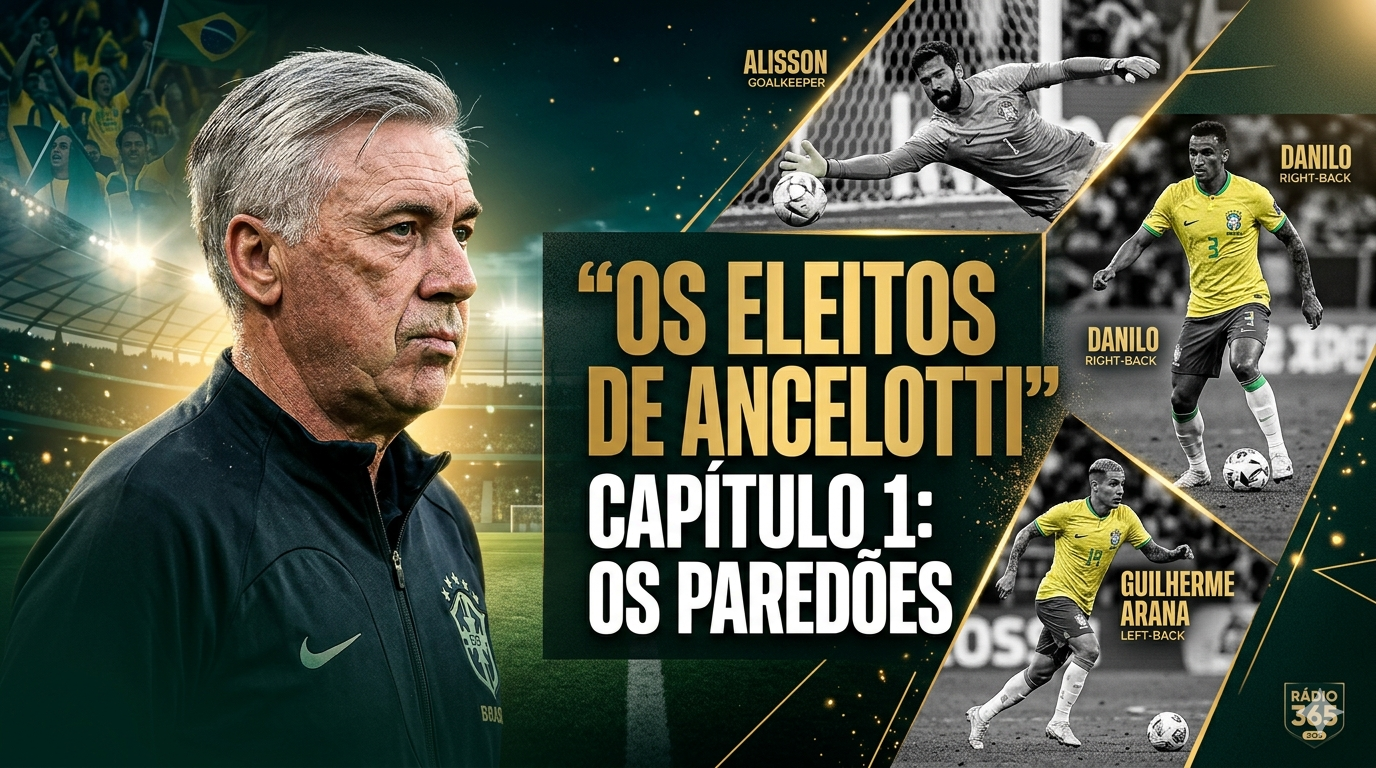 Arte gráfica horizontal para o portal Rádio 365. Do lado esquerdo, em destaque e colorido, o técnico Carlo Ancelotti veste o uniforme preto da Seleção Brasileira com o escudo da CBF, olhando compenetrado para a direita em um estádio lotado. No centro, o título em letras garrafais douradas e brancas diz: “Os Eleitos de Ancelotti” Capítulo 1: Os Paredões. Do lado direito, recortes diagonais em preto e branco exibem fotos de ação dos jogadores Alisson (fazendo uma defesa), Danilo e Guilherme Arana (conduzindo a bola). No canto inferior direito, há o logotipo discreto da Rádio 365.
