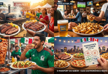 Uma foto-ilustração vibrante estilo mosaico celebrando a diversidade gastronômica das sedes da Copa 2026. A imagem é dividida em quatro painéis: no topo, um barbecue defumando em Kansas City e uma poutine sendo servida em Vancouver; abaixo, tacos de al pastor na Cidade do México e uma mesa farta com pratos de todos os três países sob luzes de festa em uma Fan Fest, com o logo da Rádio 365 e um guia "Passaporte do Sabor" em destaque.