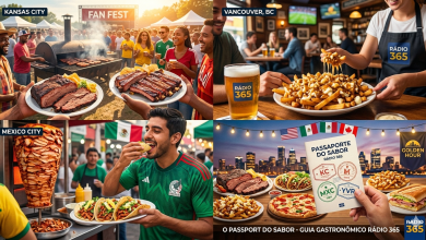 Uma foto-ilustração vibrante estilo mosaico celebrando a diversidade gastronômica das sedes da Copa 2026. A imagem é dividida em quatro painéis: no topo, um barbecue defumando em Kansas City e uma poutine sendo servida em Vancouver; abaixo, tacos de al pastor na Cidade do México e uma mesa farta com pratos de todos os três países sob luzes de festa em uma Fan Fest, com o logo da Rádio 365 e um guia "Passaporte do Sabor" em destaque.
