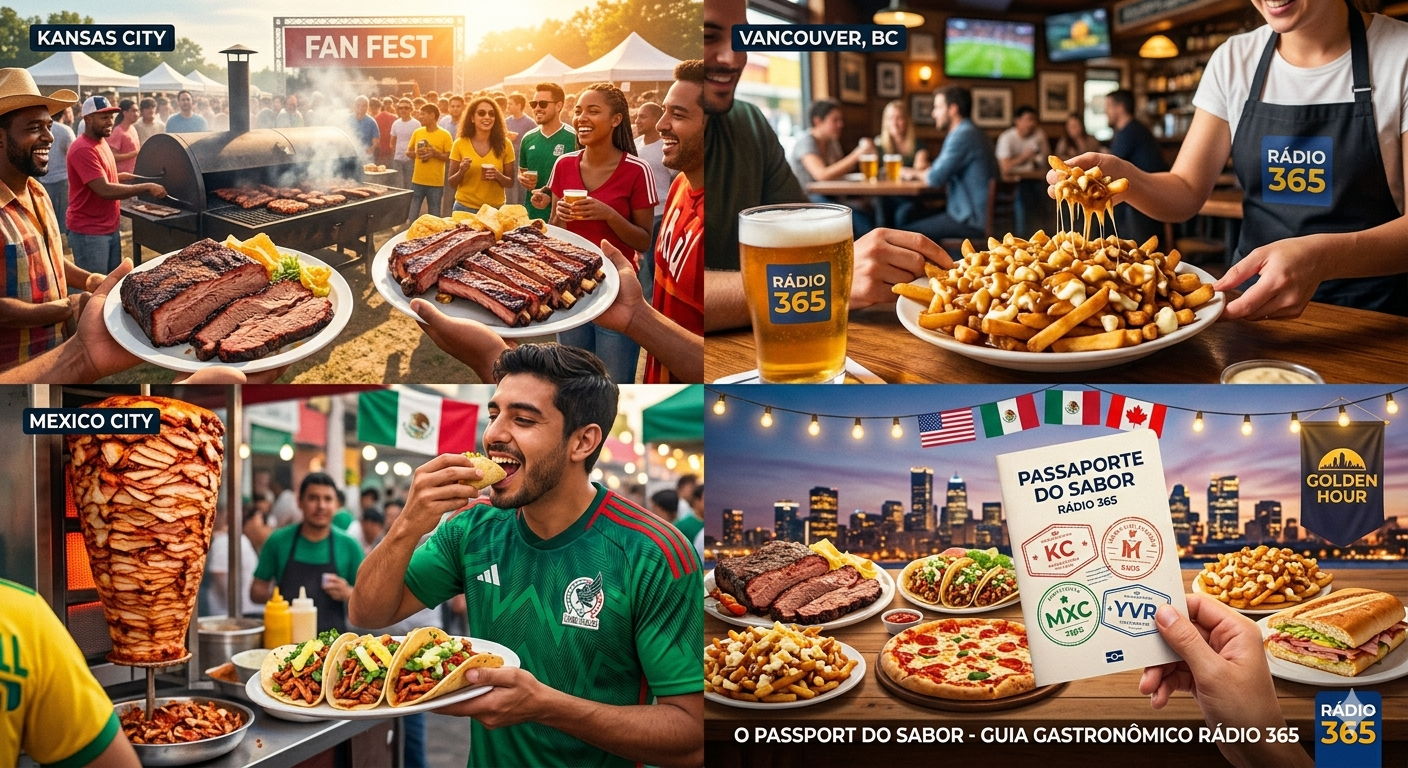 Uma foto-ilustração vibrante estilo mosaico celebrando a diversidade gastronômica das sedes da Copa 2026. A imagem é dividida em quatro painéis: no topo, um barbecue defumando em Kansas City e uma poutine sendo servida em Vancouver; abaixo, tacos de al pastor na Cidade do México e uma mesa farta com pratos de todos os três países sob luzes de festa em uma Fan Fest, com o logo da Rádio 365 e um guia "Passaporte do Sabor" em destaque.