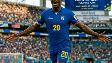 O jogador Kevin Pina vestindo o uniforme oficial azul da seleção de Cabo Verde (Tubarões Azuis) com o número 20 em amarelo e o escudo da Federação Cabo-verdiana de Futebol (FCF). Ele comemora correndo pelo gramado com os braços abertos no Hard Rock Stadium lotado ao fundo. No canto superior direito, o logo da Rádio 365 e um painel eletrônico exibindo "GOL HISTÓRICO! CABO VERDE!". Na parte inferior, uma placa dourada com o texto "Copa do Mundo 2026: Cabo Verde - Gol Histórico! - Kevin Pina #20".