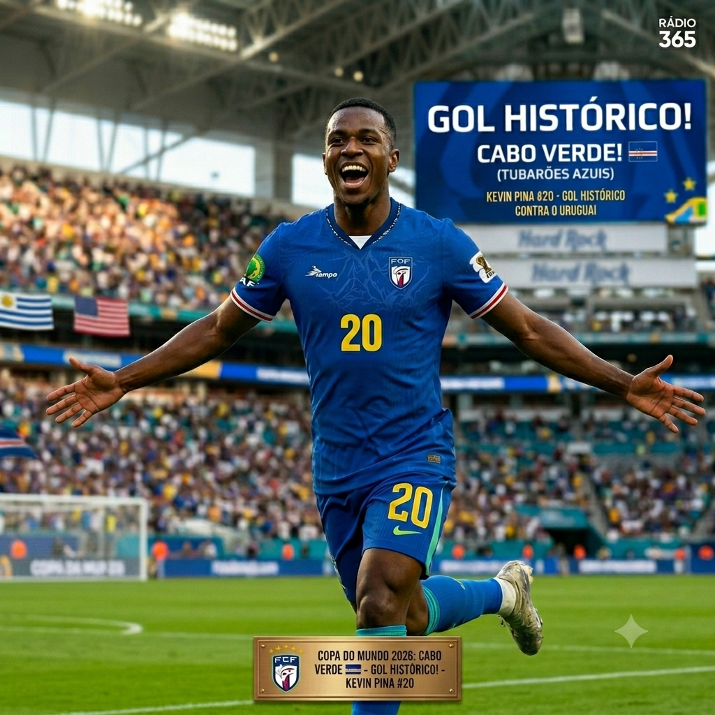 O jogador Kevin Pina vestindo o uniforme oficial azul da seleção de Cabo Verde (Tubarões Azuis) com o número 20 em amarelo e o escudo da Federação Cabo-verdiana de Futebol (FCF). Ele comemora correndo pelo gramado com os braços abertos no Hard Rock Stadium lotado ao fundo. No canto superior direito, o logo da Rádio 365 e um painel eletrônico exibindo "GOL HISTÓRICO! CABO VERDE!". Na parte inferior, uma placa dourada com o texto "Copa do Mundo 2026: Cabo Verde - Gol Histórico! - Kevin Pina #20".
