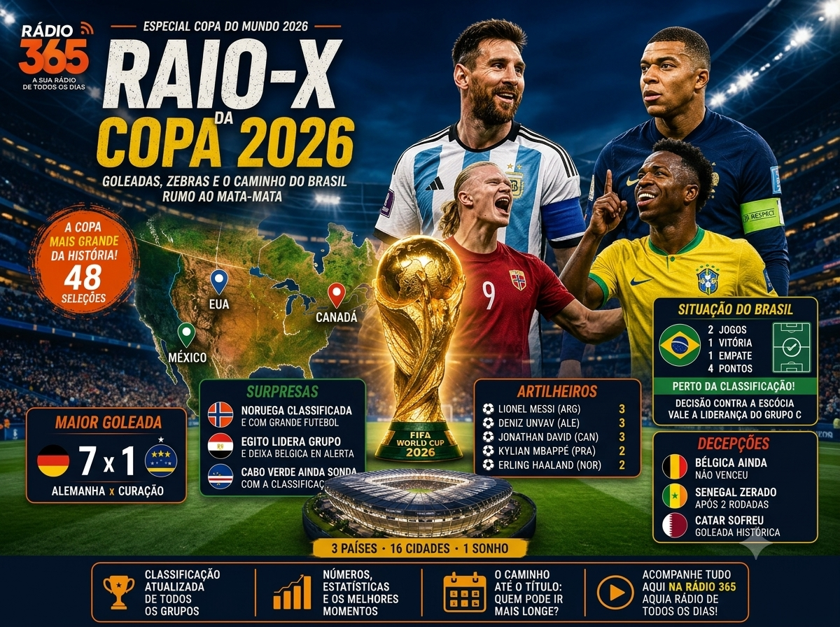 Arte especial da Rádio 365 com panorama da Copa do Mundo de 2026, destacando classificação dos grupos, artilheiros, maiores goleadas, surpresas do torneio e a situação do Brasil na competição.