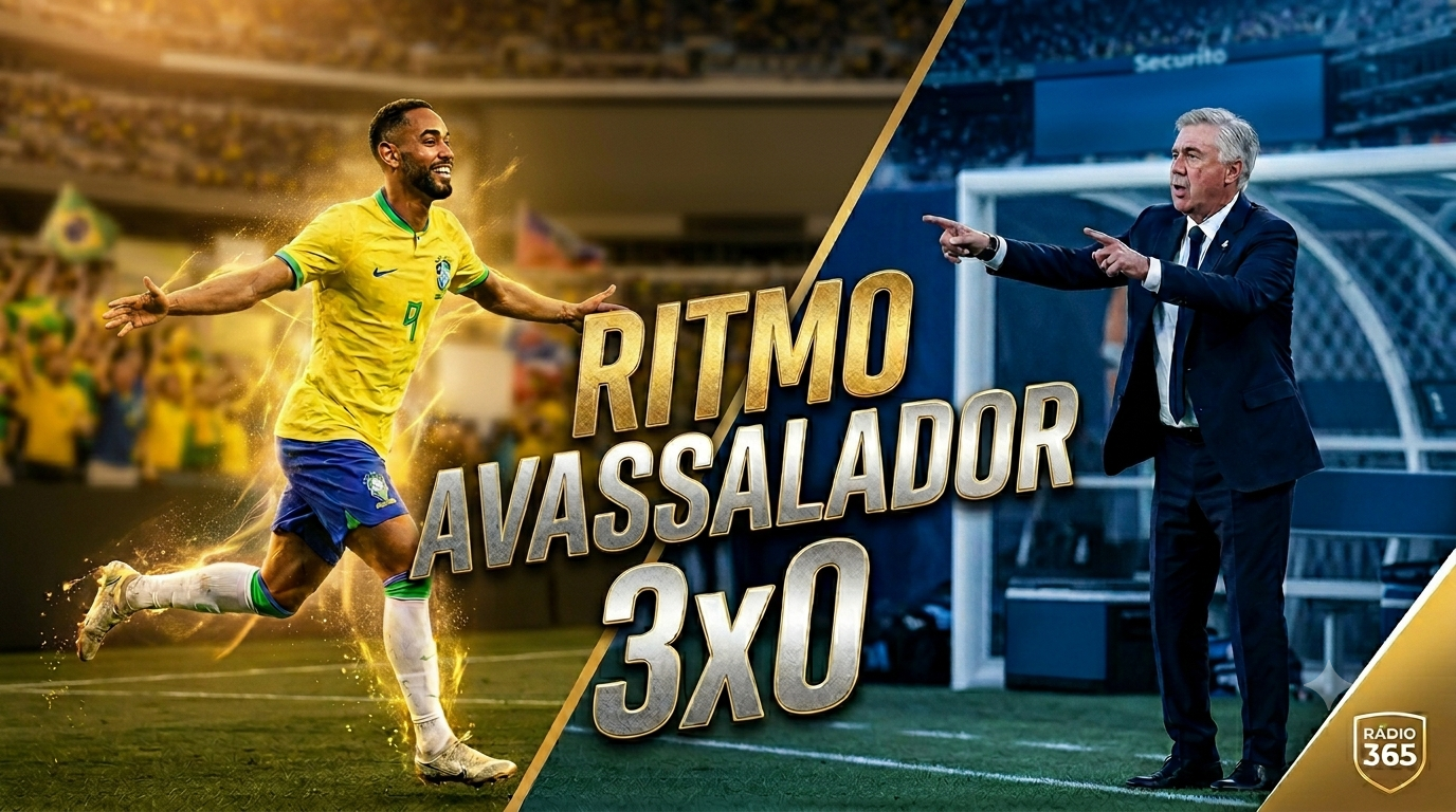 Ilustração digital mostrando o atacante Matheus Cunha correndo e sorrindo ao comemorar um gol pela Seleção Brasileira, vestindo a camisa amarela. Do lado direito da imagem, dividida por uma linha diagonal, o técnico Carlo Ancelotti aparece de terno na beira do gramado orientando o time durante a noite no estádio.