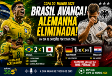 Arte da Rádio 365 destaca a vitória do Brasil por 2 a 1 sobre o Japão e a eliminação da Alemanha para o Paraguai nos pênaltis, em um dos dias mais emocionantes da Copa do Mundo de 2026.